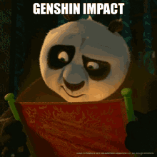 a panda bear reading a book with genshin impact written above it