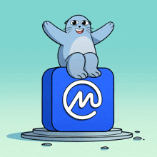 a cartoon seal is sitting on top of a blue block with a white letter m on it