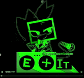 a green cartoon character is standing next to a sign that says e + it