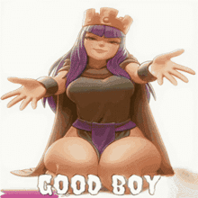 a girl with purple hair and a crown is sitting down with her arms outstretched and says good boy