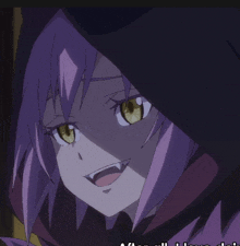 a girl with purple hair and yellow eyes is wearing a black cape