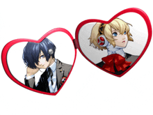 two heart shaped mirrors with a man and a girl in them