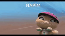 a cartoon cat wearing a pink helmet is riding a green scooter with the word napim above her