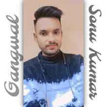 a man wearing a blue and white tie dye sweater poses for a picture with the name sangwal on the bottom