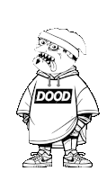 a black and white drawing of a cartoon character wearing a hoodie that says dood