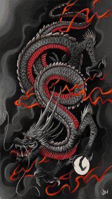 a painting of a black and red dragon with the letters jm on the bottom right