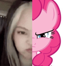 a woman 's face is shown next to a pink pony