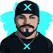 a man with a beard is wearing a black hat with a blue x on it