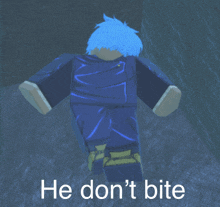 a cartoon character with blue hair is standing next to a sign that says " he don 't bite "