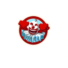 a cartoon clown is smiling in a circle on a white background .