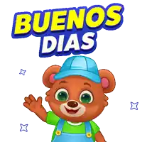 a teddy bear wearing a blue hat and overalls is waving in front of a sign that says buenos dias