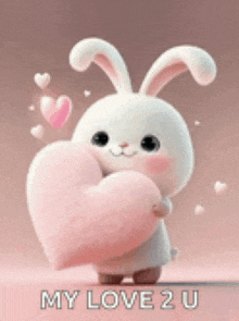 a cute bunny rabbit is holding a pink heart and saying `` my love 2 u '' .