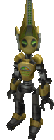 a yellow and black robot with green eyes and a long horn on its head