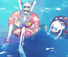 a skeleton is holding a water gun next to a skeleton in a float