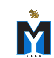 a blue and black m with a lion on top and the word beer below it