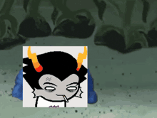 a cartoon drawing of a troll with horns and a purple shirt
