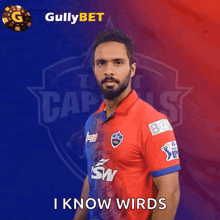 a man in a red and blue shirt with the words i know wirds on the bottom