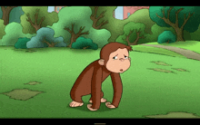 a cartoon monkey is kneeling down in the grass