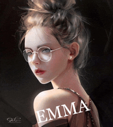 a painting of a woman with glasses and the name emma on the bottom