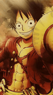 monkey d luffy from one piece is smiling while holding a straw hat in his hand .