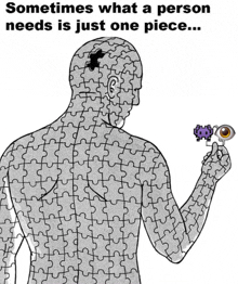 a drawing of a man made of puzzle pieces holding a toy eye