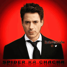 a picture of robert downey jr. with spider ka chacha written on the bottom