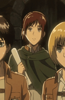 a group of anime characters are standing next to each other and one of them is holding a stick