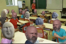 a group of people with their faces on their heads in a classroom