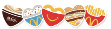 a row of mcdonald 's heart shaped stickers with a cup of coffee in the middle