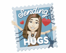 a postage stamp that says sending hugs with a woman on it