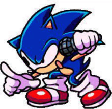 sonic the hedgehog is holding a microphone in his hand and pointing .