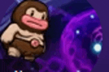 a cartoon monkey is standing next to a purple object in a dark room .