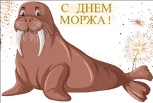 an illustration of a walrus with fireworks in the background and the words " c днем моржа " on the bottom