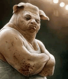 a pig in a tank top is standing with his arms crossed and smoking a cigarette .