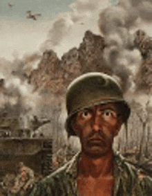 a painting of a soldier in a helmet standing in front of a battlefield .