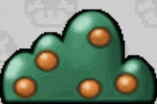 a pixel art drawing of a green object with orange circles on it