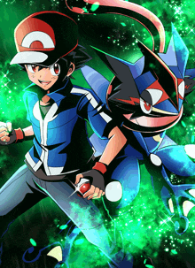 a cartoon of a boy standing next to a pokemon with a green background