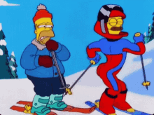 homer simpson and ned flanders from the simpsons are skiing