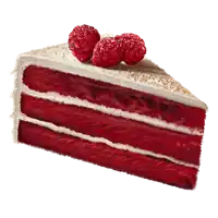 a slice of red velvet cake has raspberries on top