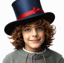 a young boy wearing a blue top hat with a red ribbon