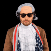a man wearing a wig and sunglasses has headphones on his head