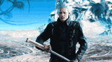 a man in a black jacket holds a sword in his hand