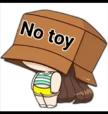 a girl with a box on her head that says no toy on it