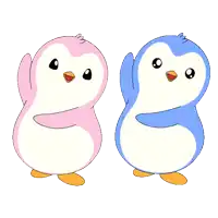 two pink and blue penguins with their eyes closed on a white background
