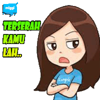 a cartoon girl with her arms crossed and a speech bubble that says tergerak kamu lah