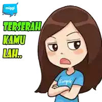 a cartoon girl with her arms crossed and a speech bubble that says tergerak kamu lah