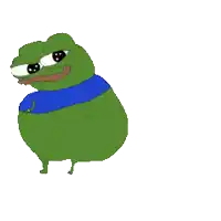 a pixel art of a green frog with a blue shirt and a cookie