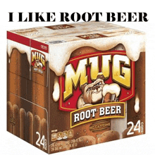 a box of mug root beer with a bulldog on the front