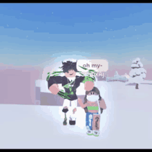 a boy and a girl are standing next to each other in the snow in a video game .