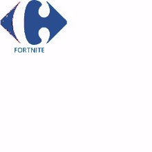 a carrefour logo with a red arrow and the word fortnite underneath it .